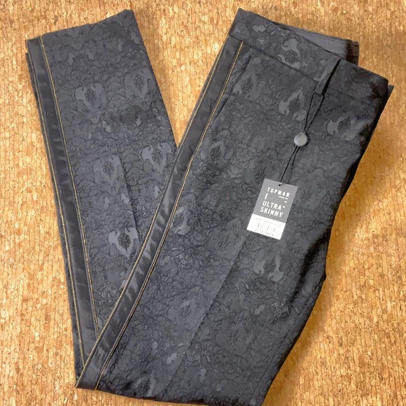 Topman Ultra-Skinny Jacquard Tuxedo Pants 32S Black Damask, Satin Stripe, NWT - Picture 1 of 14